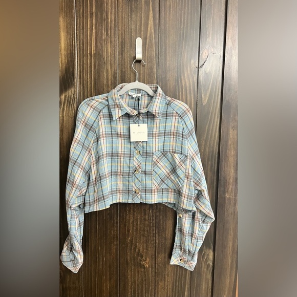 Plaid Oversized Cropped Button-Down Shirt-NWT-Mimosa-Size: Small - Picture 3 of 6